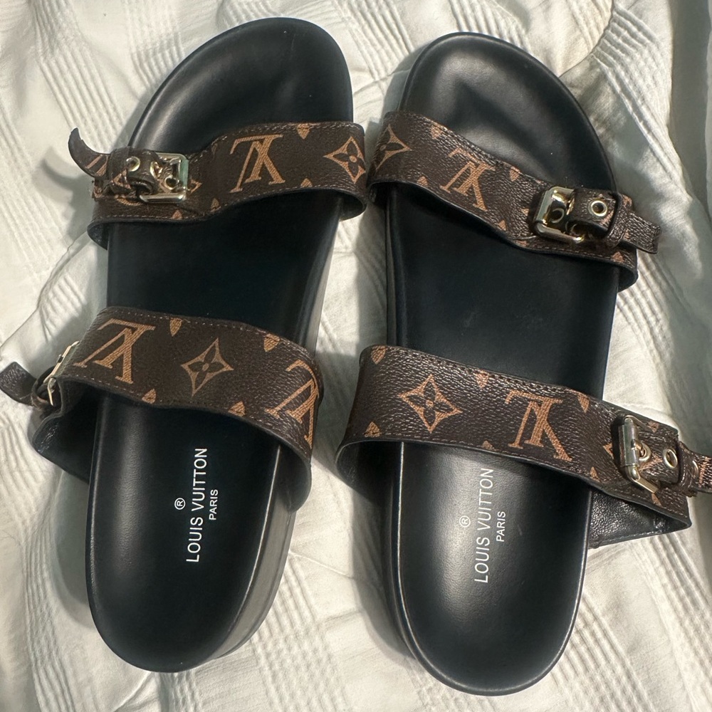 Louis Vuitton Black and Brown Monogram Slides
